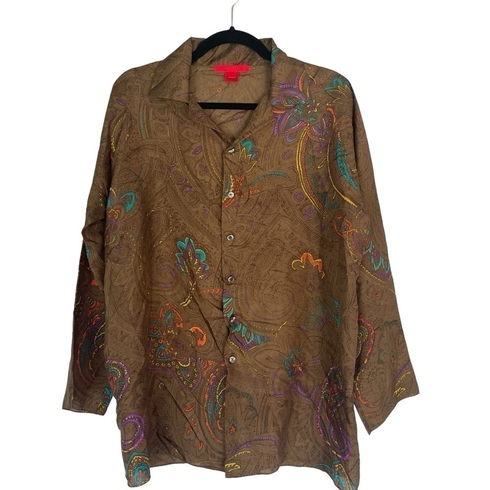 Shamask 100% Silk Button Down Blouse Paisley Floral Print Long Sleeve
